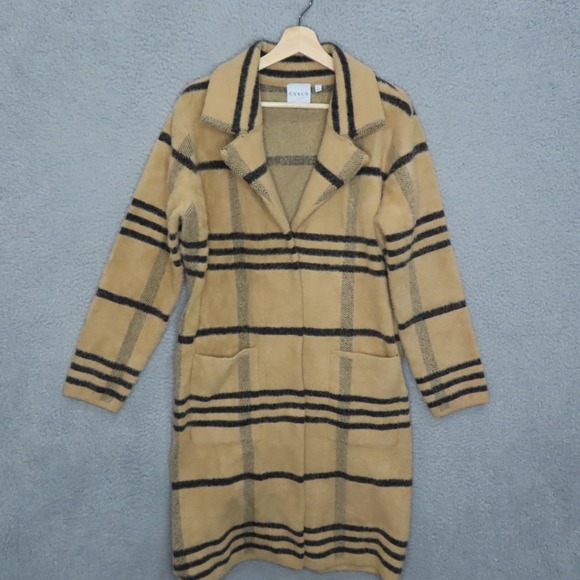 Cyrus Eyelash Long Coat Coatigan Large Tan Black Plaid Collared Long Sleeve NEW - Picture 2 of 11